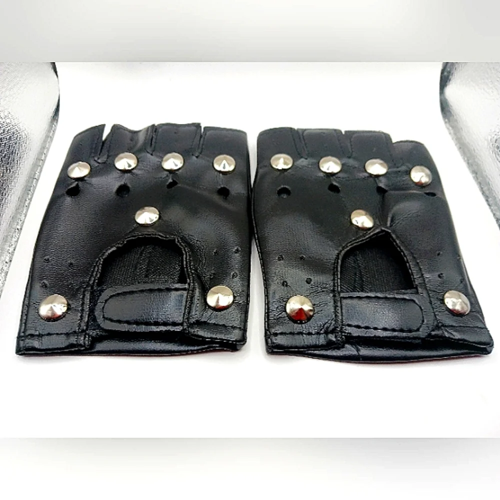 Black Faux Leather Studded Fingerless Gloves Unisex -New